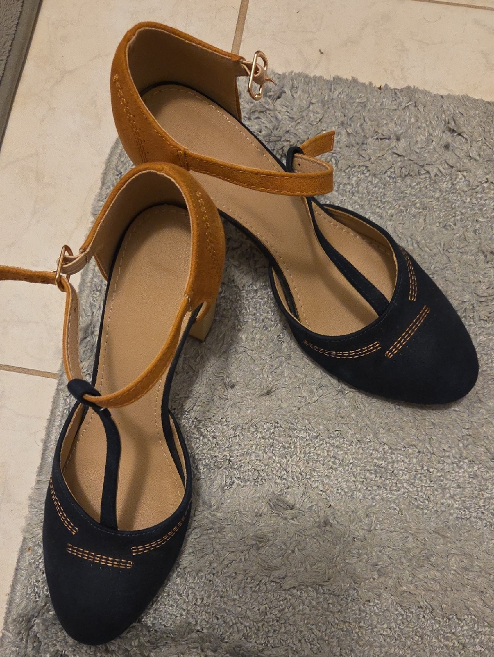 Two-Tone Navy and Tan T-Strap Block Heels - Women's